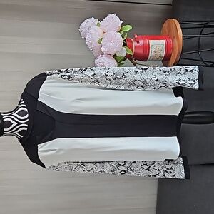 Calvin Klein Black & White Colorblock Blouse with Snake Print Sleeves – Size M